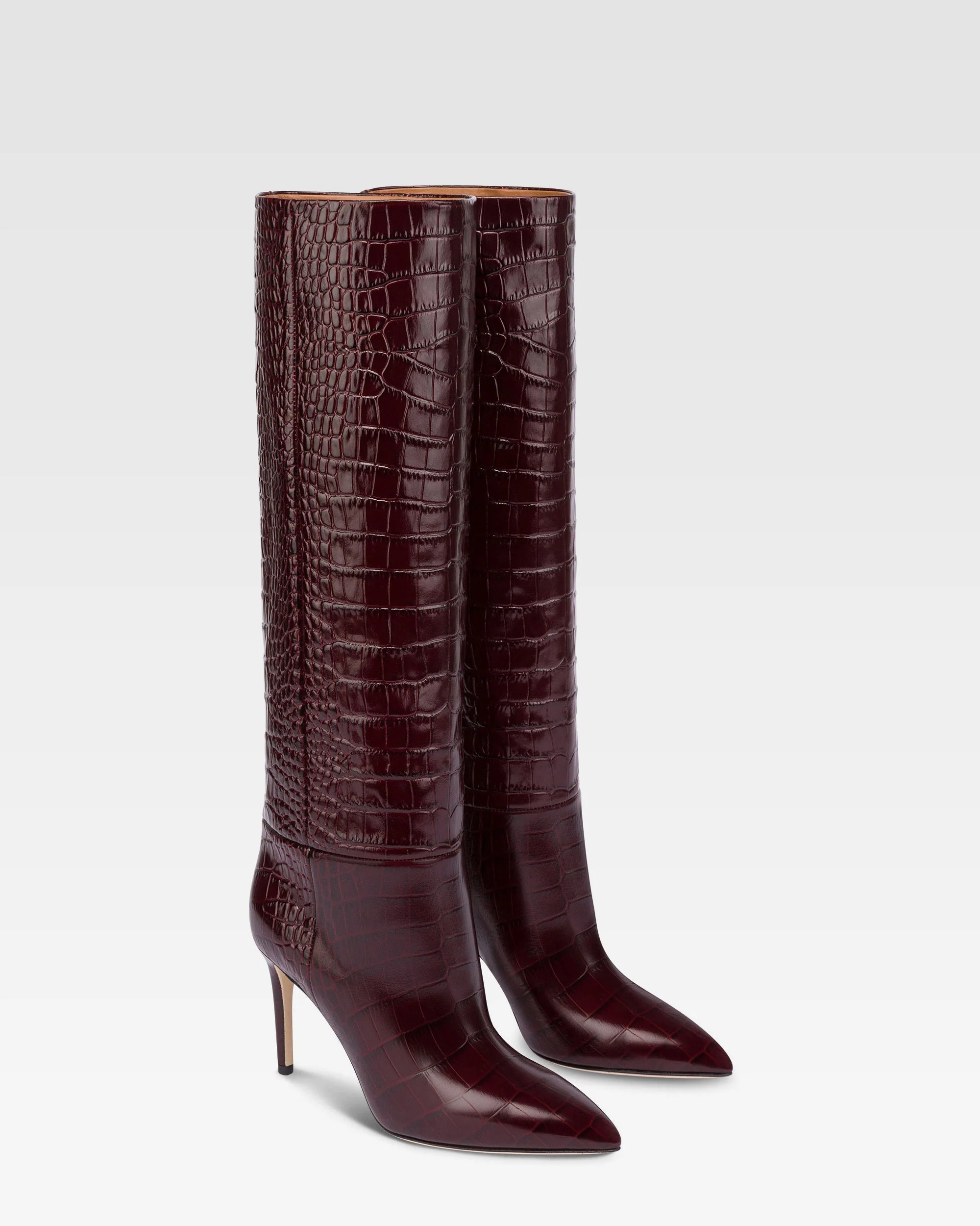 Pointed knee-high boots in rouge noir soft croco-embossed leather