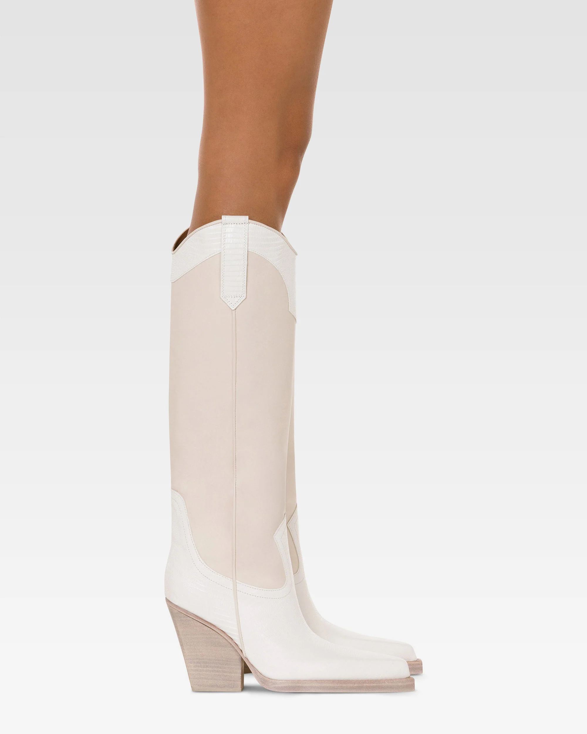 Boots in lizard-print and white leather