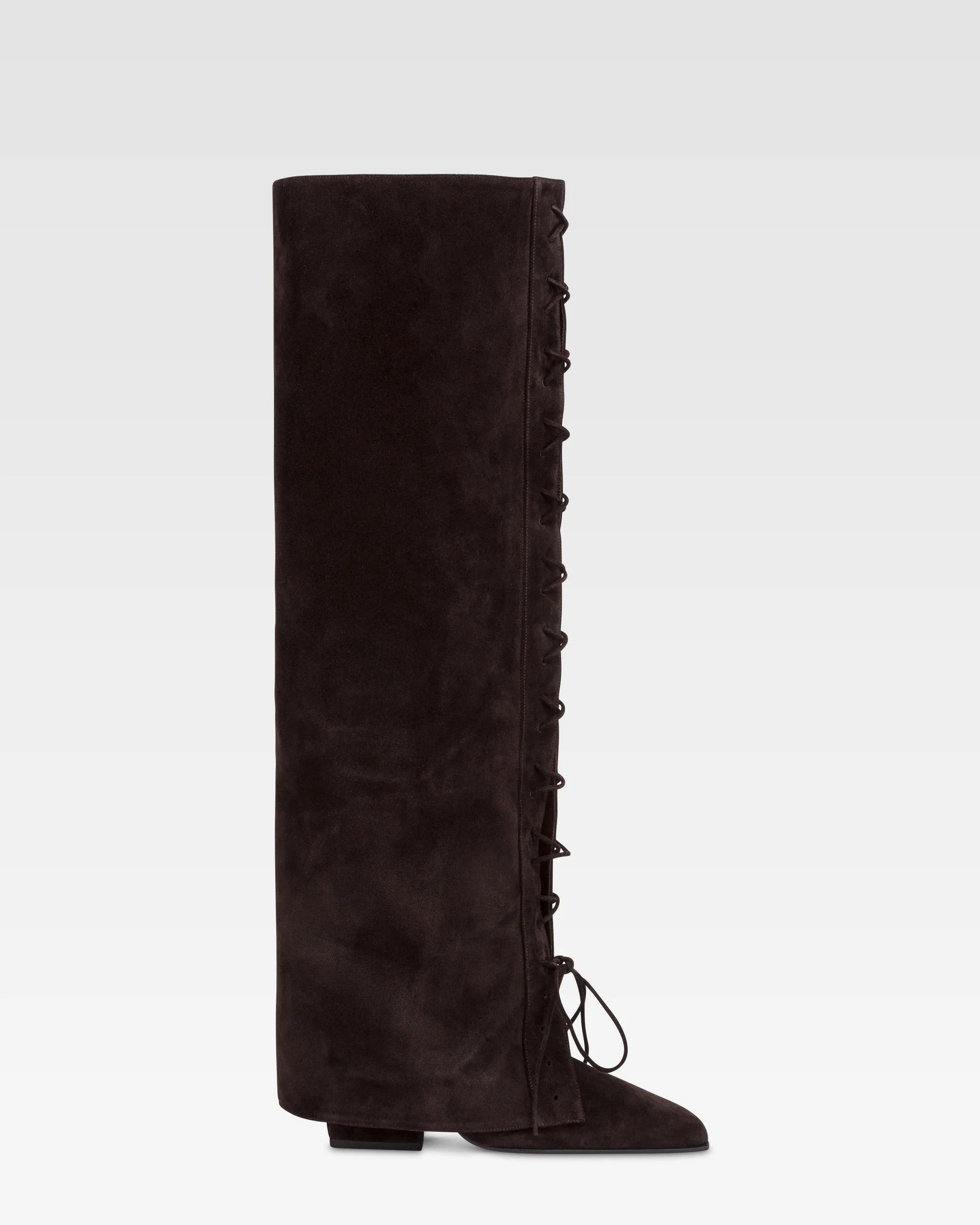 Fold-over boots in ebony calf suede.