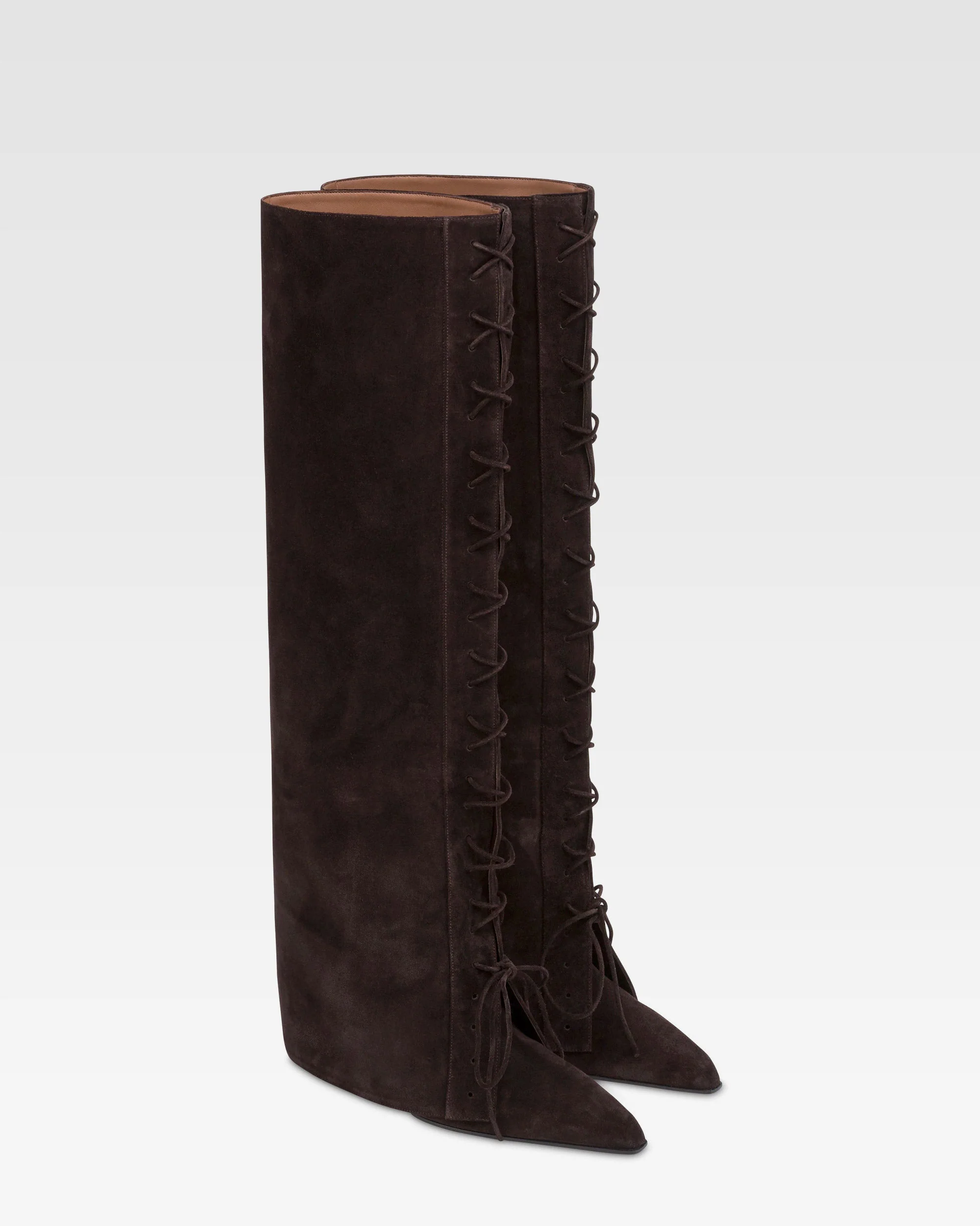 Fold-over boots in ebony calf suede.