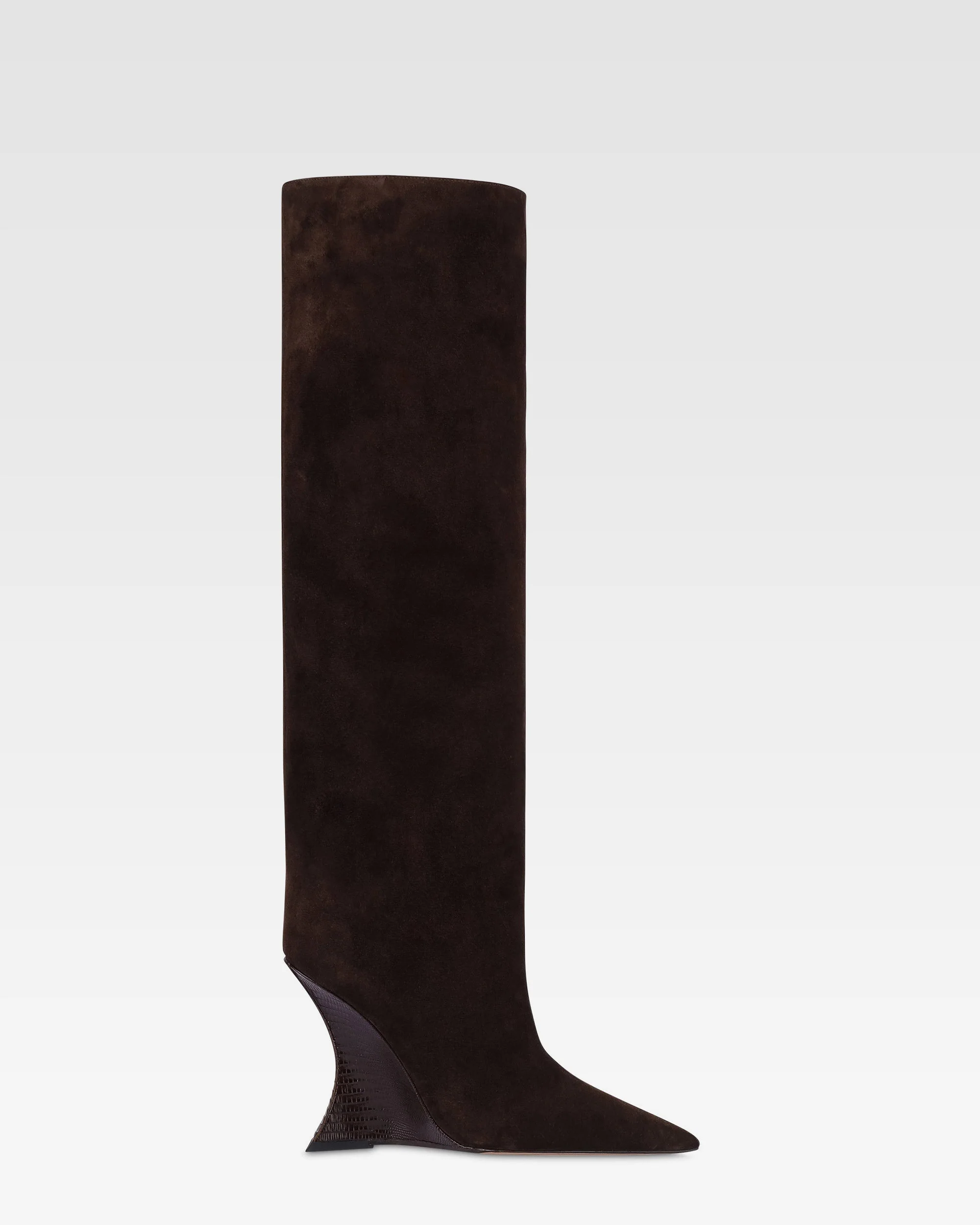 Boots in chocolate calf suede leather with lizard print leather heel