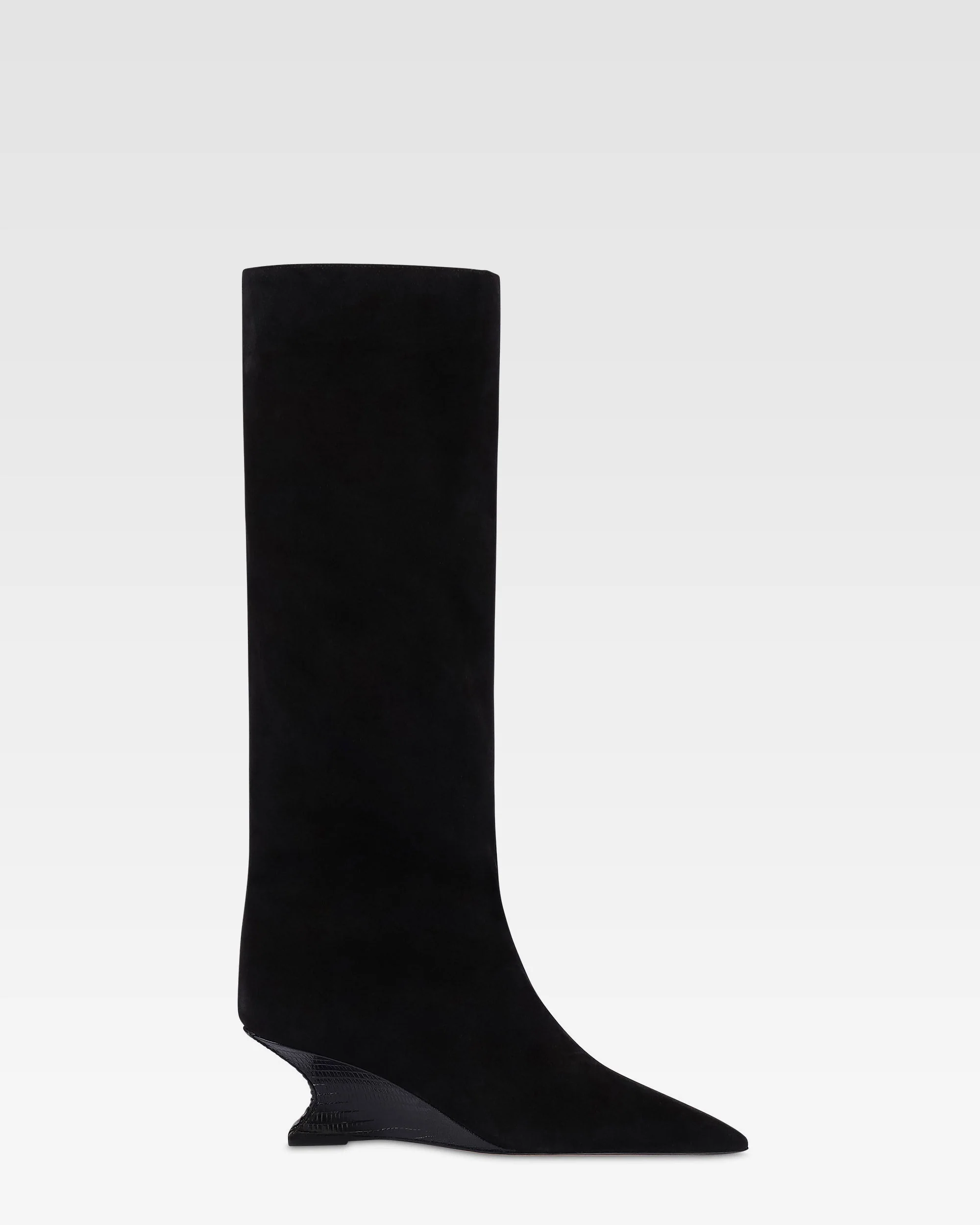 Boots in black calf suede leather with lizard print leather heel