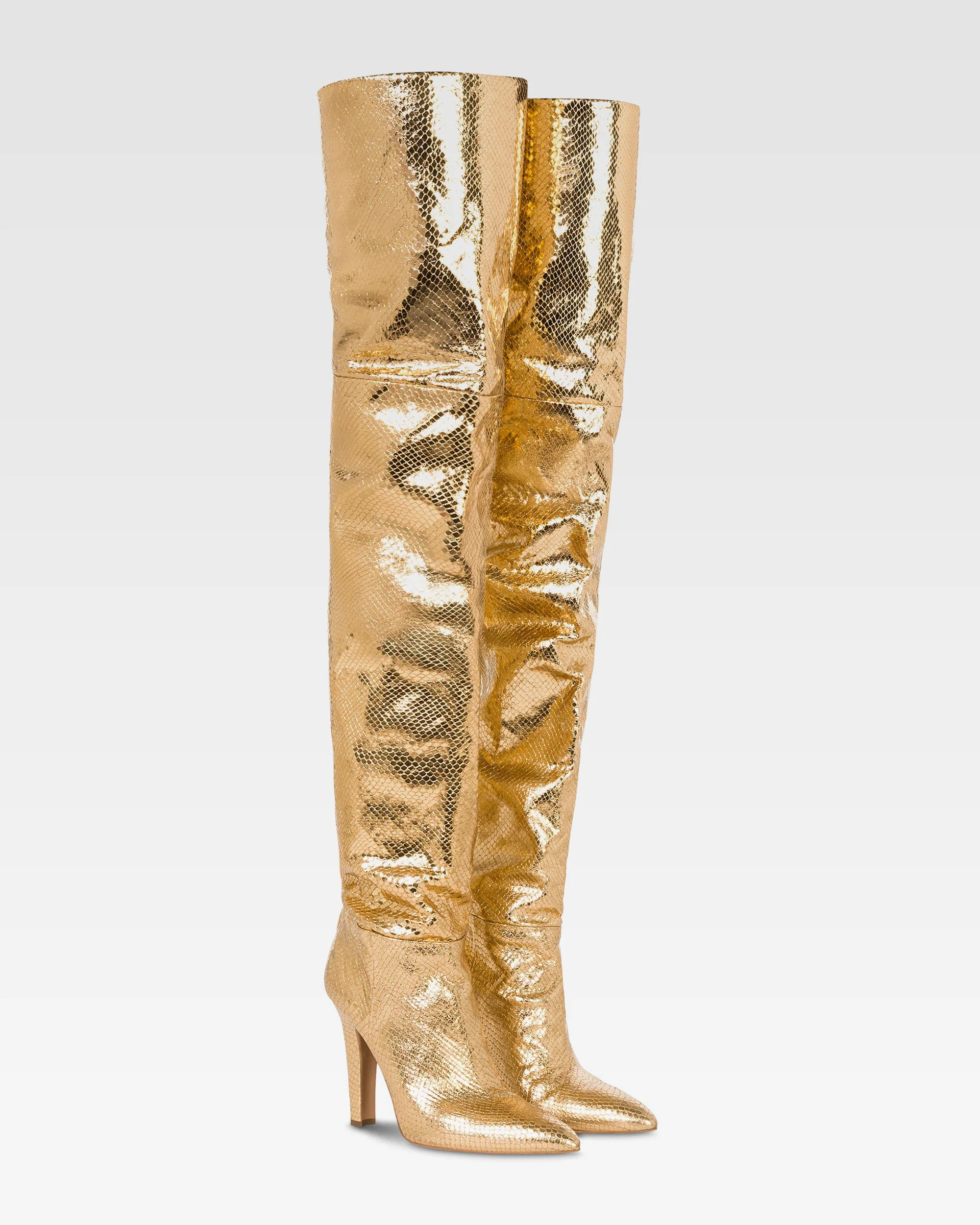 Over-the-knee boots in gold, metallic-effect printed python leather.