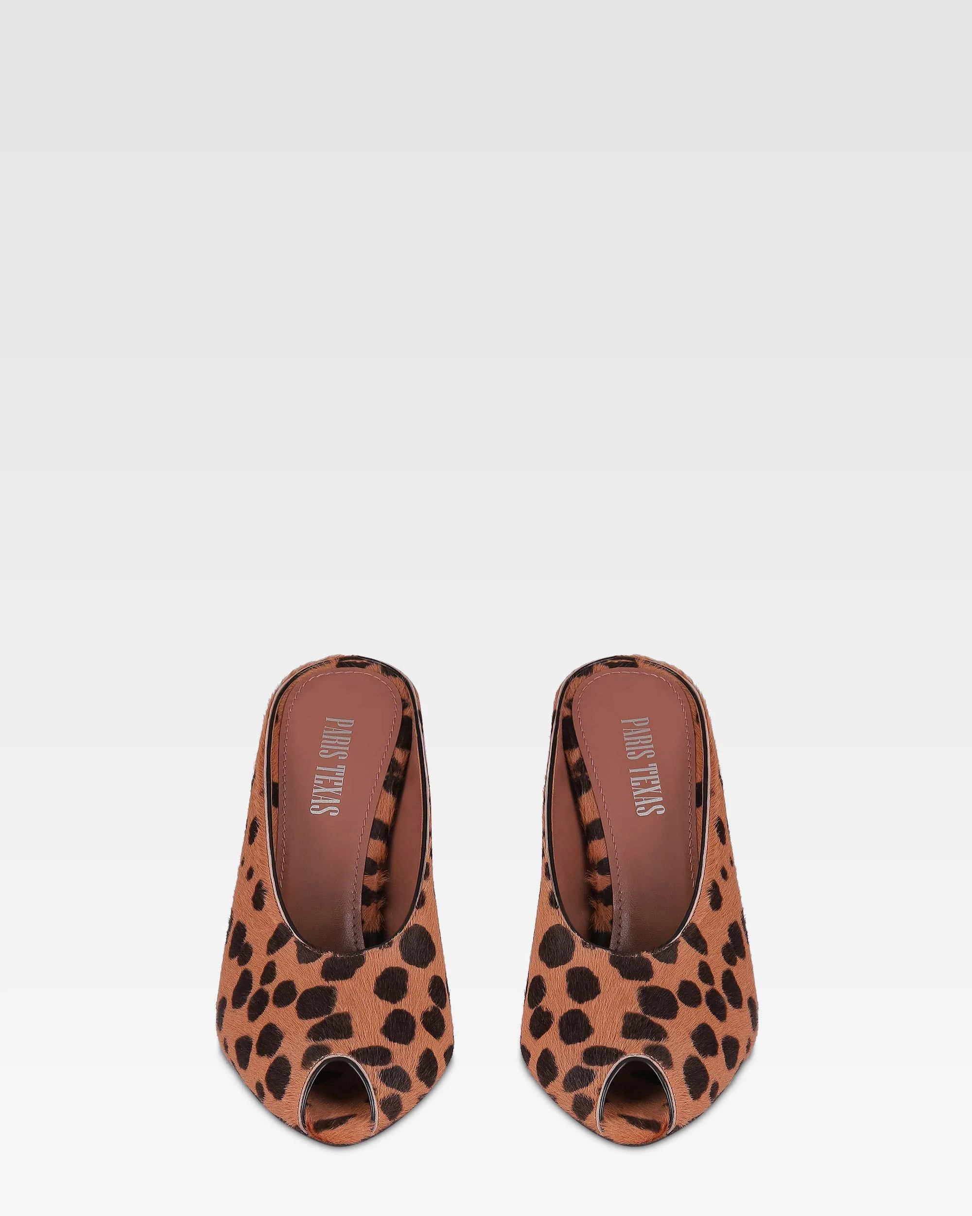 Open-toe sabots in caramel and dark brown printed cowhide 3 Open-toe sabots in caramel and dark brown printed cowhide