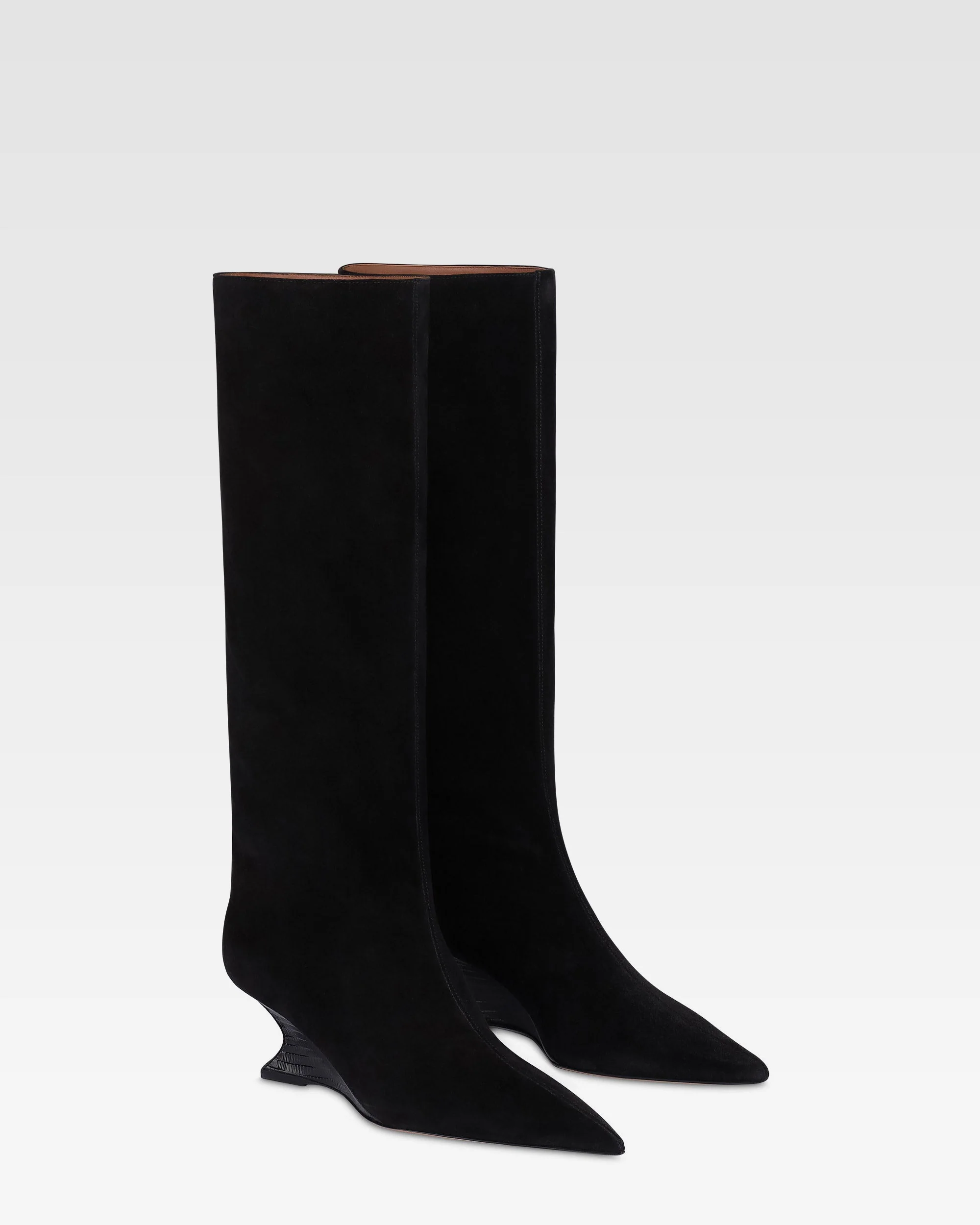 Boots in black calf suede leather with lizard print leather heel