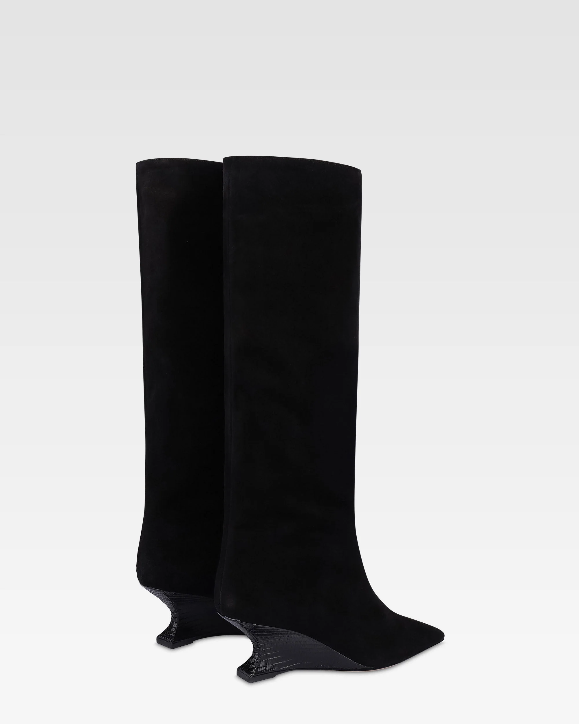 Boots in black calf suede leather with lizard print leather heel