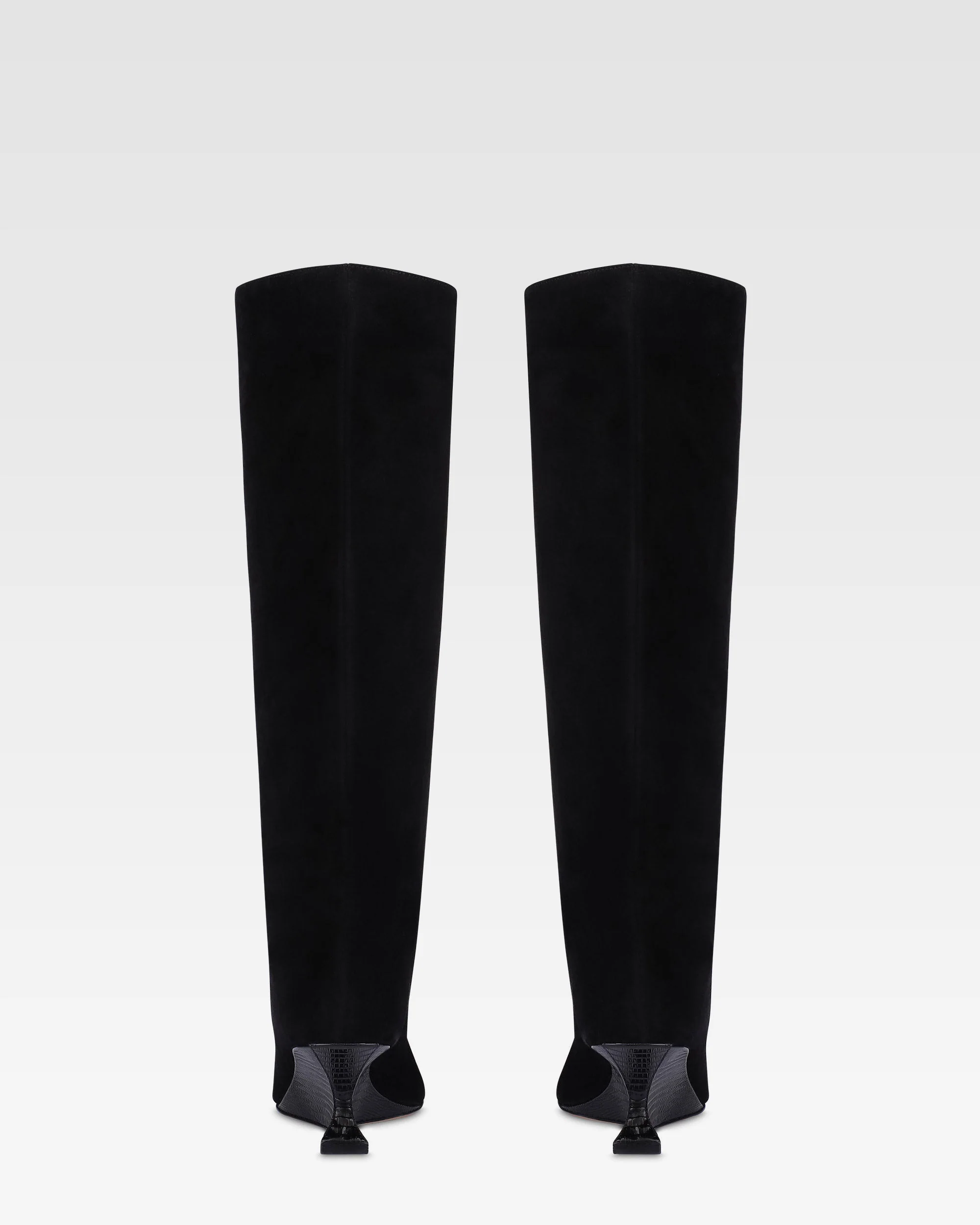 Boots in black calf suede leather with lizard print leather heel