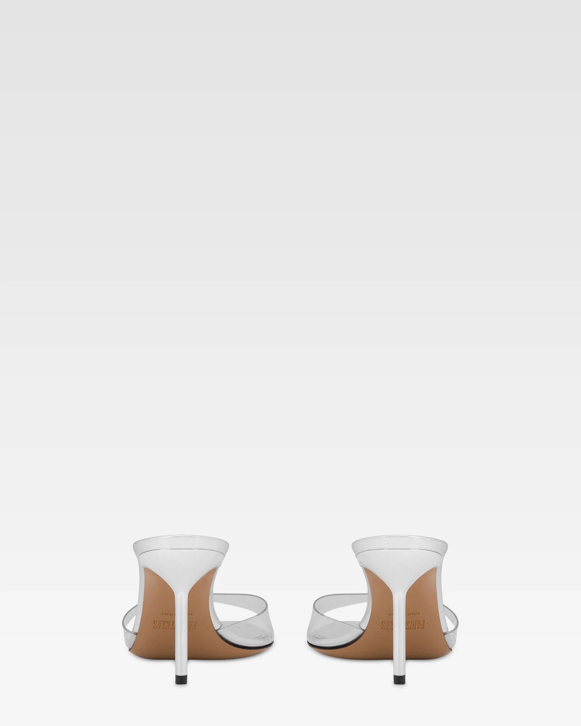 Almond-toe mules in supple silver PVC-mirror leather