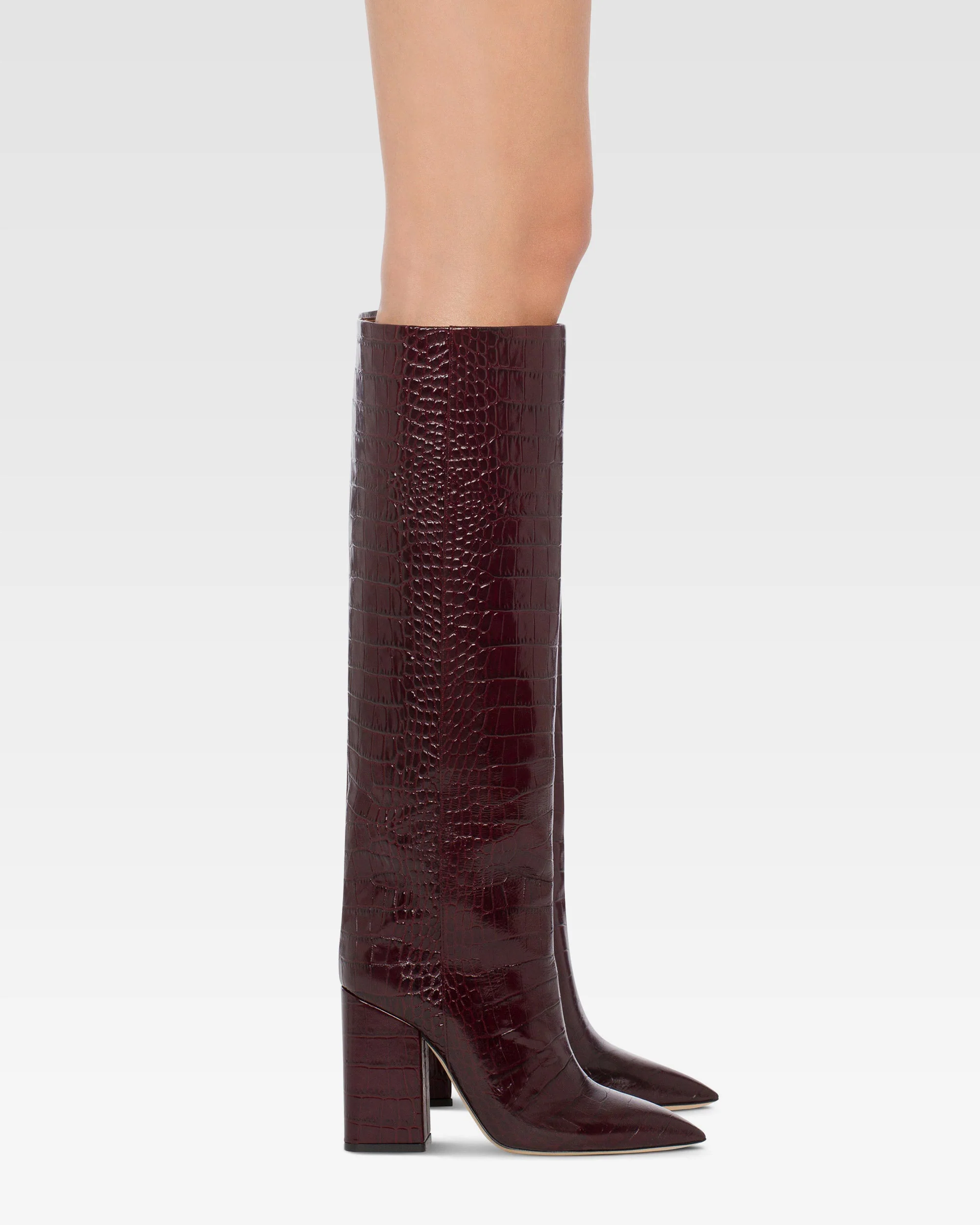 Knee-high boots in rouge noir soft croco-embossed leather