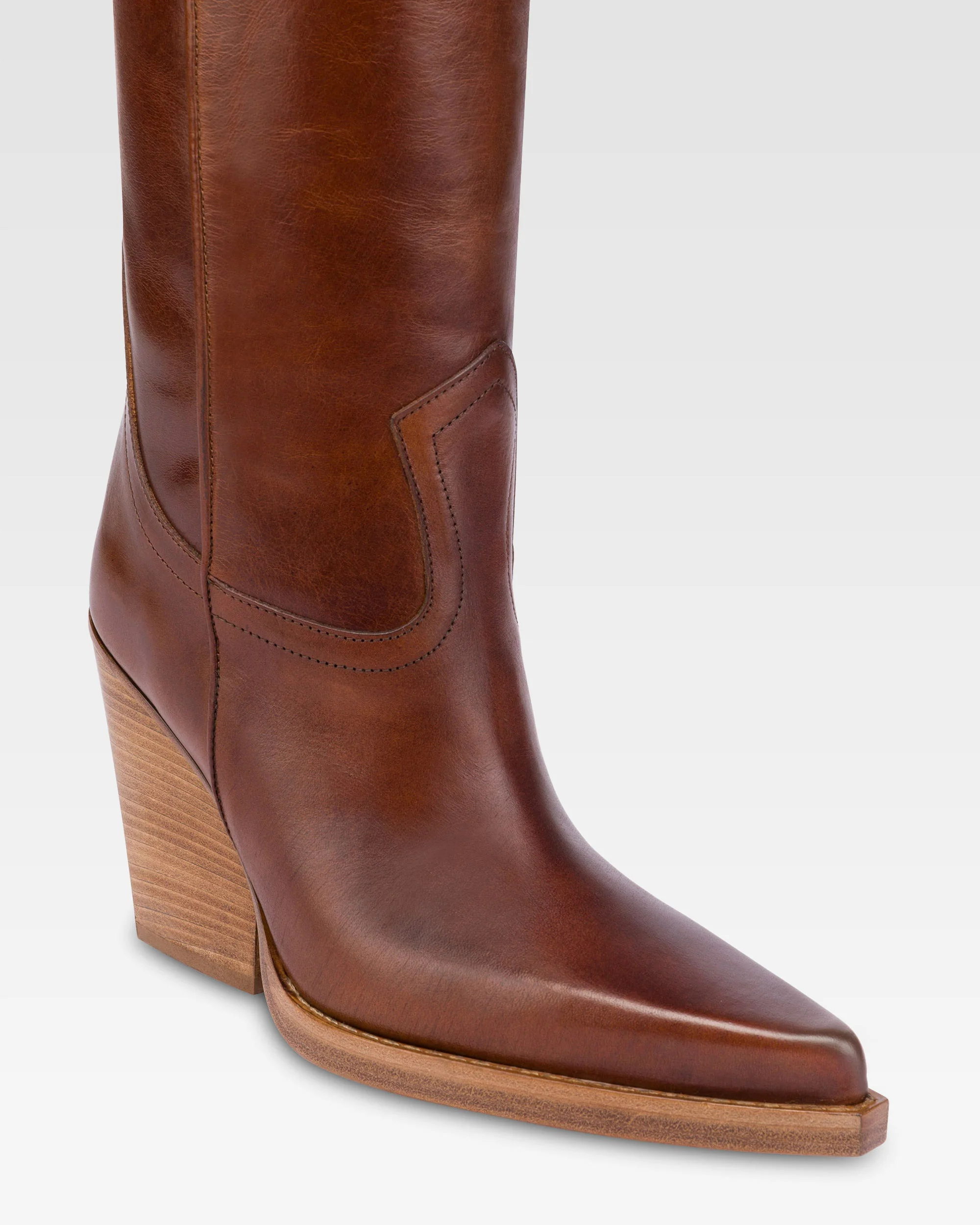 Pointed knee-high boots in shiny vintage leather