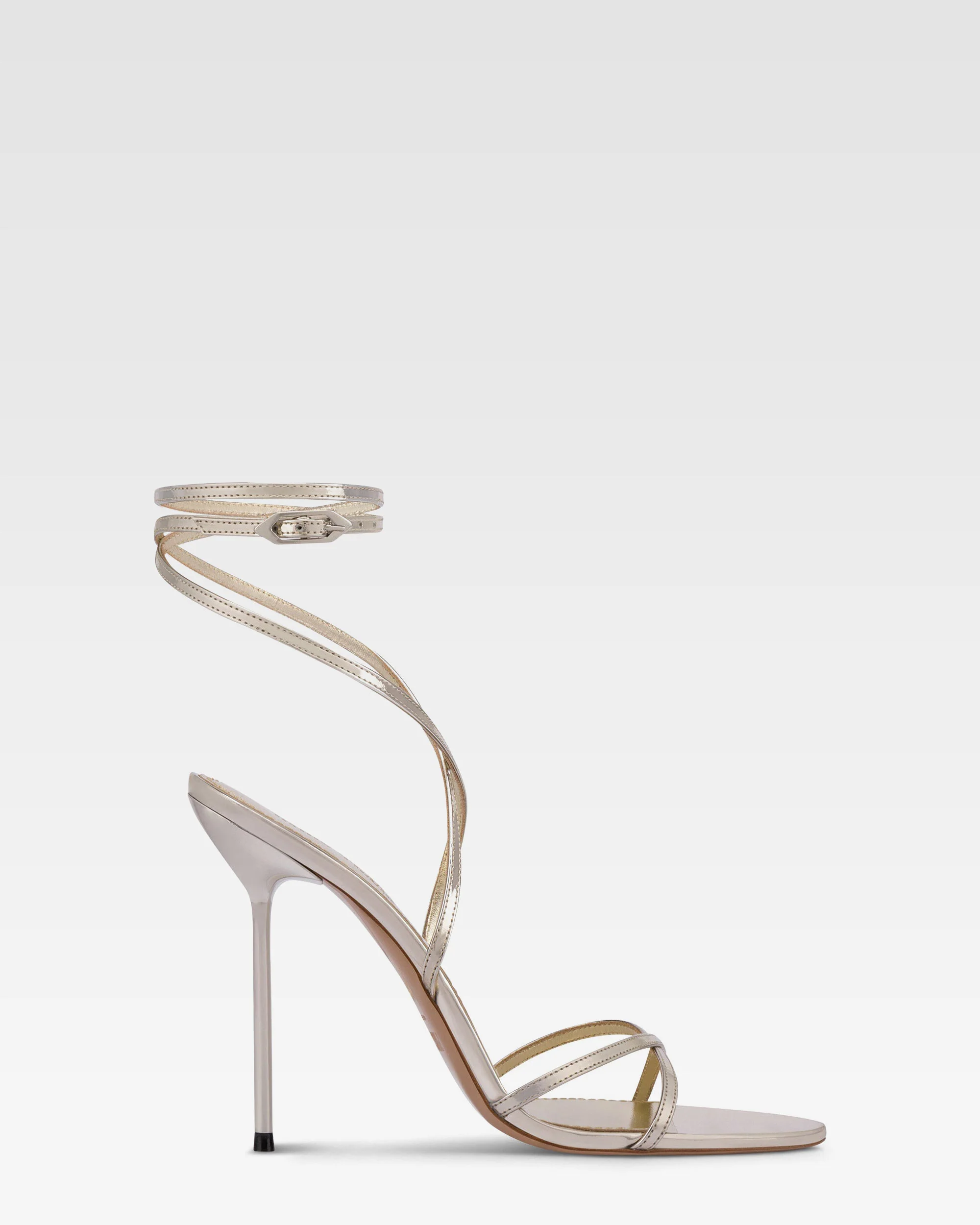 Lace-up sandals in platinum mirror-effect leather