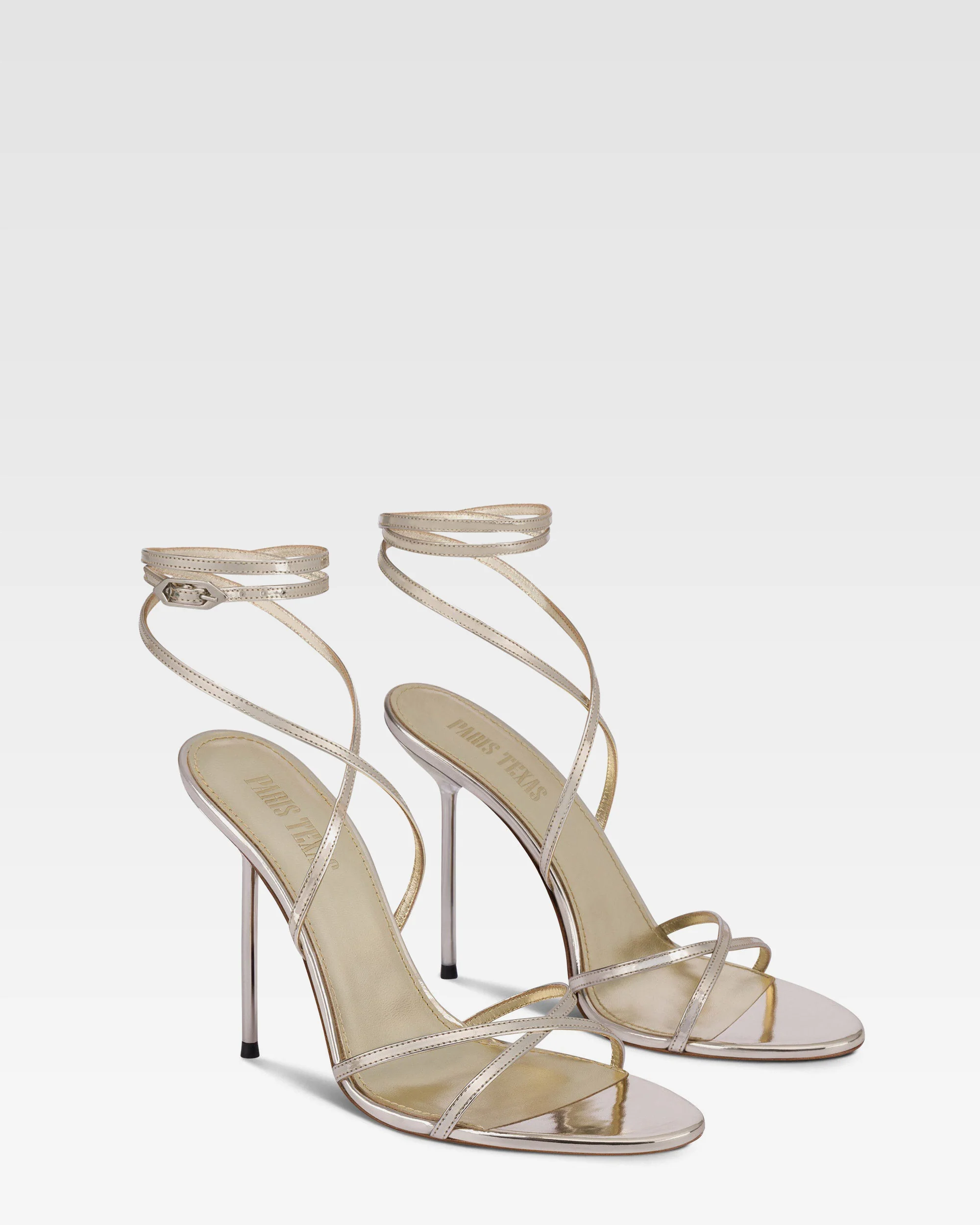 Lace-up sandals in platinum mirror-effect leather