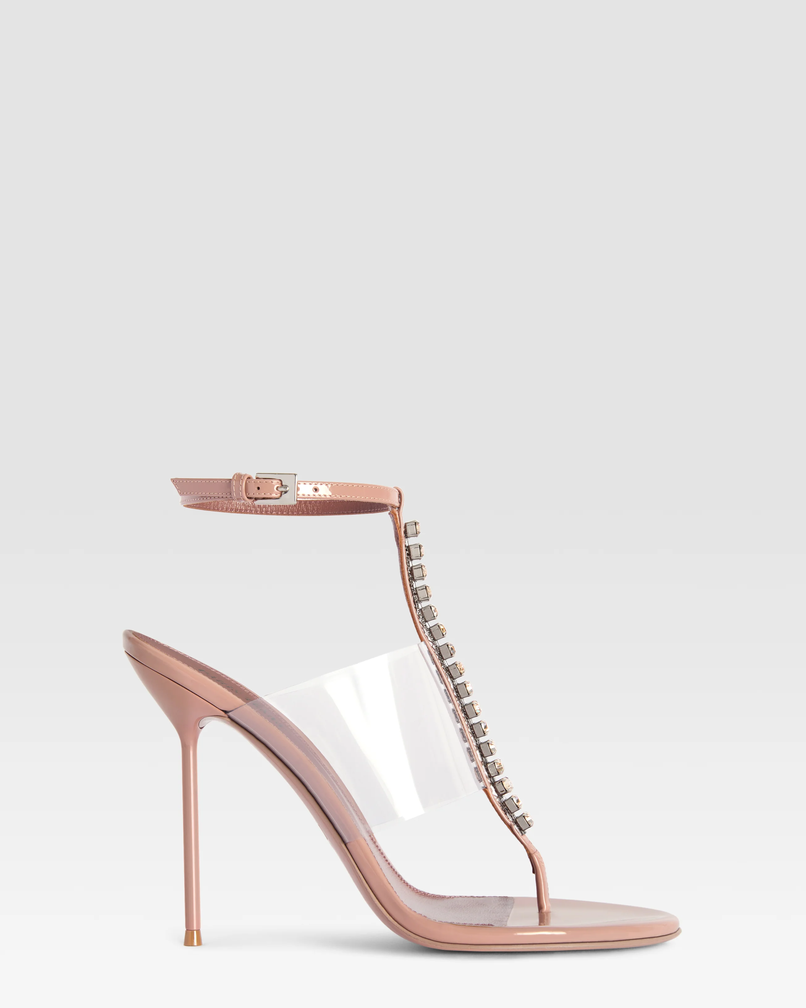 T-strap sandals in Texas rose patent leather with stud detailing