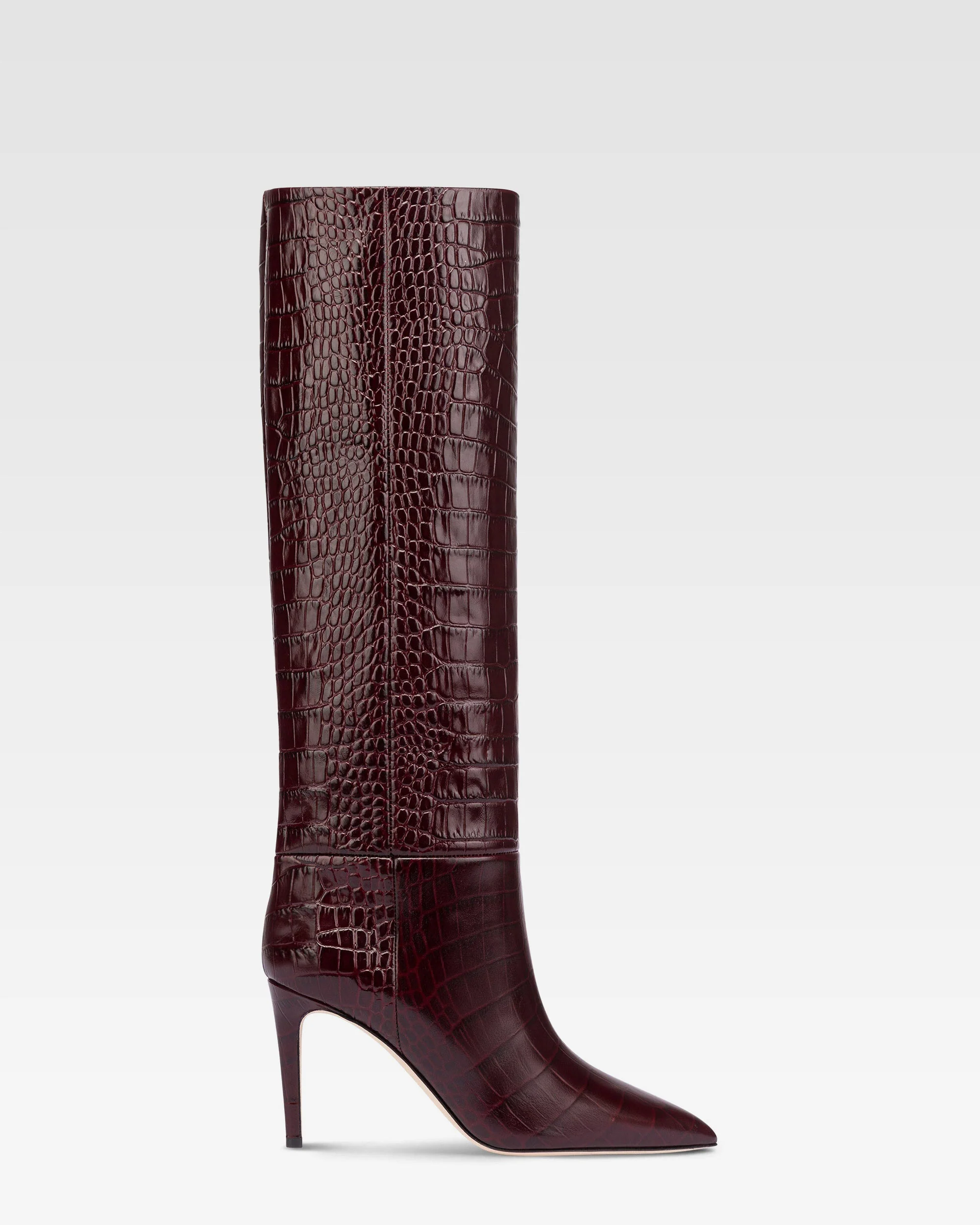 Pointed knee-high boots in rouge noir soft croco-embossed leather