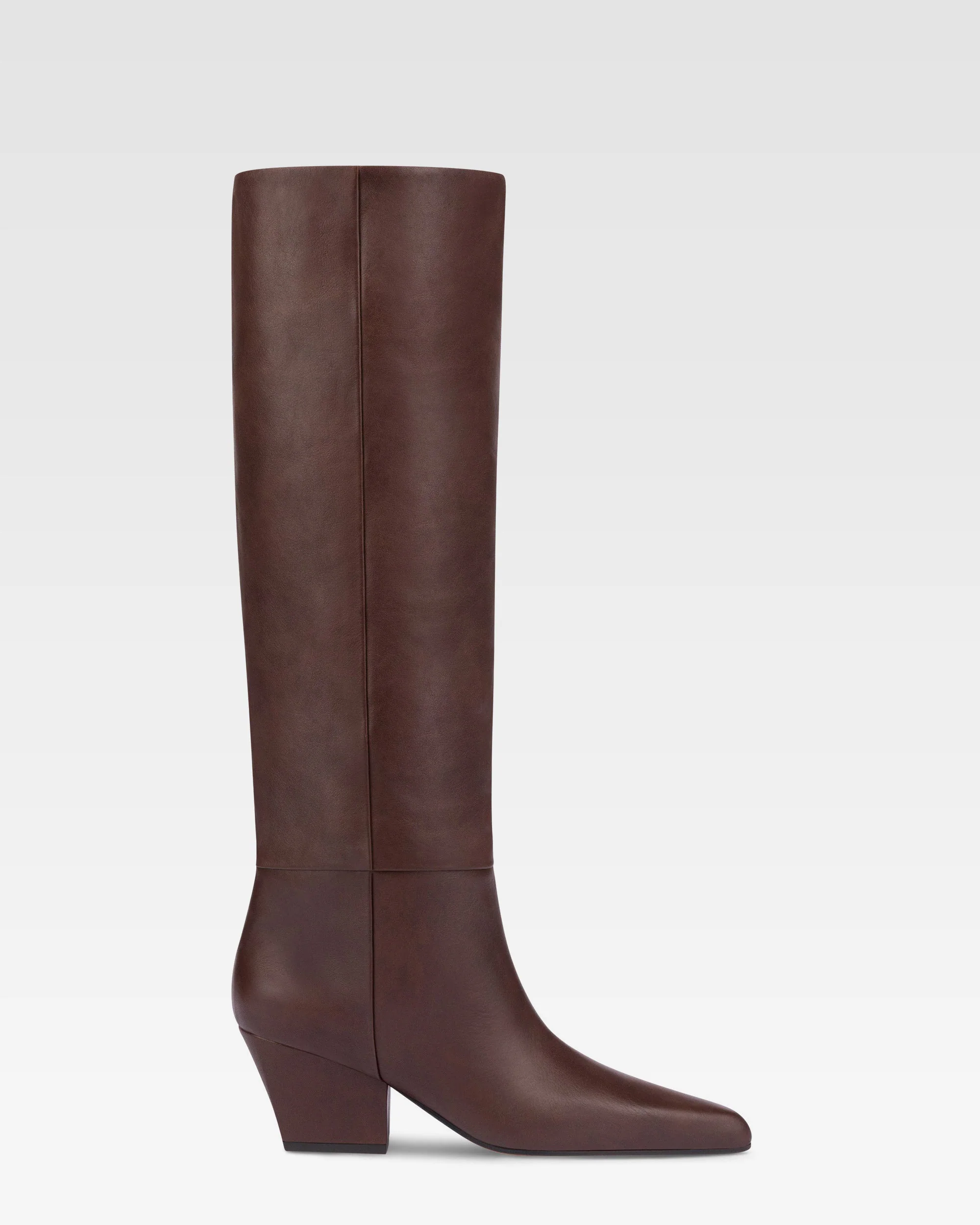 Knee-high, long pointed boot in supple mocha leather