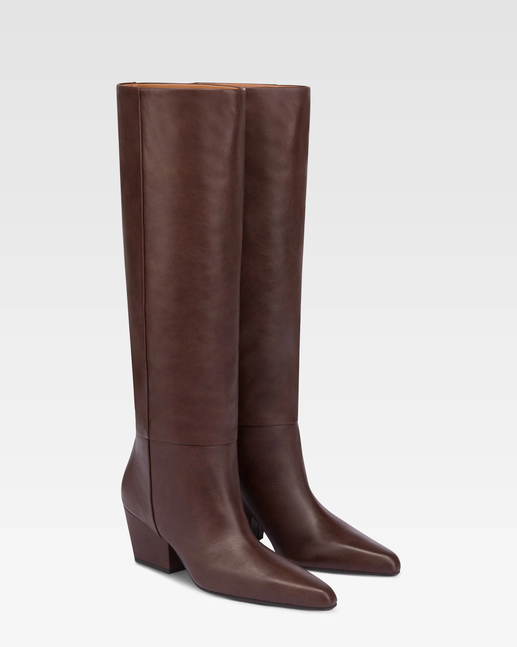 Knee-high, long pointed boot in supple mocha leather