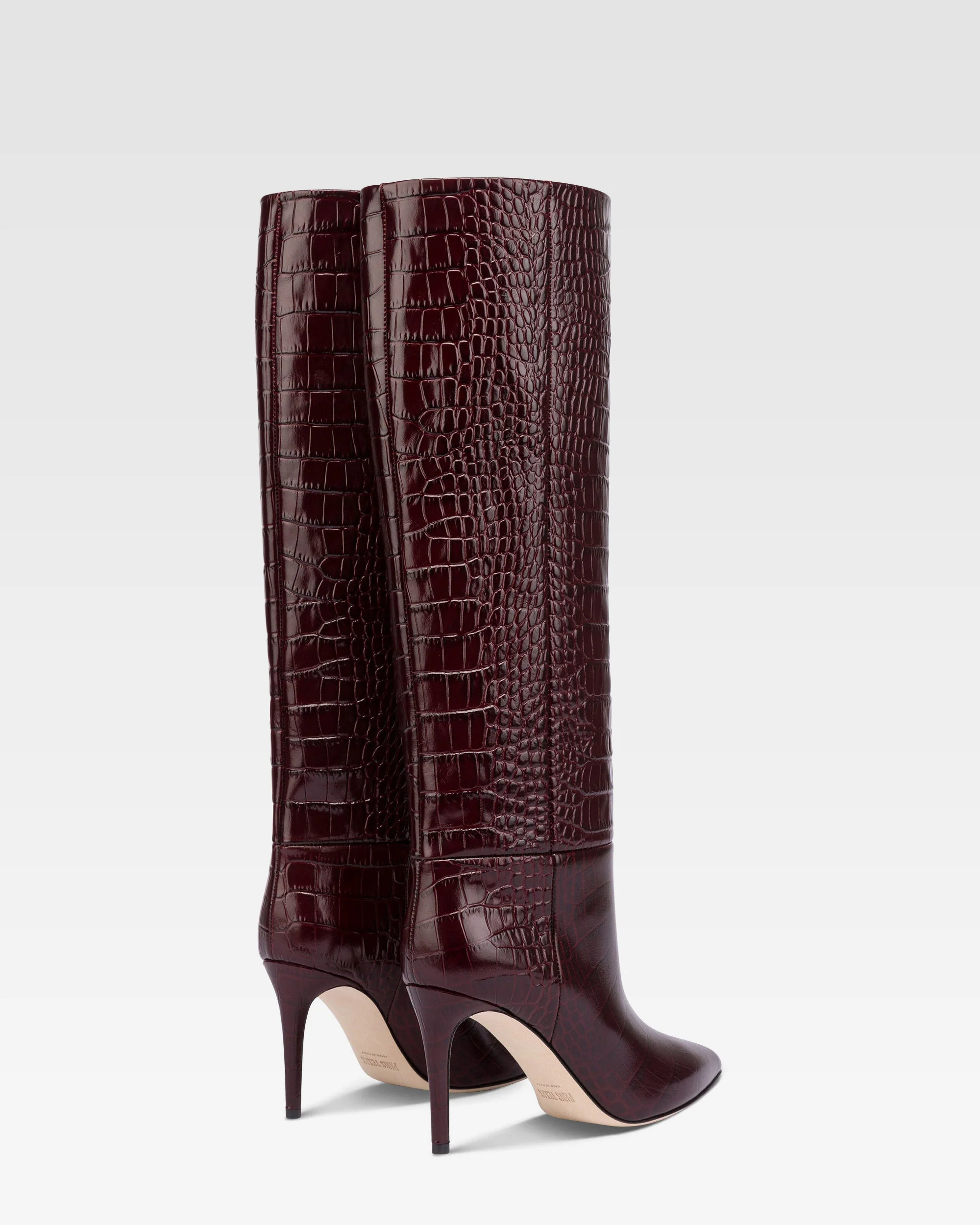 Pointed knee-high boots in rouge noir soft croco-embossed leather