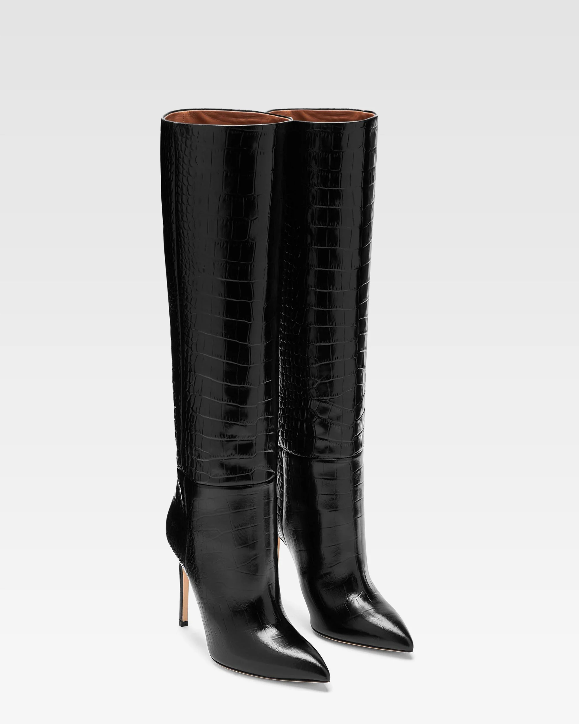 Black croc-effect leather stiletto boots