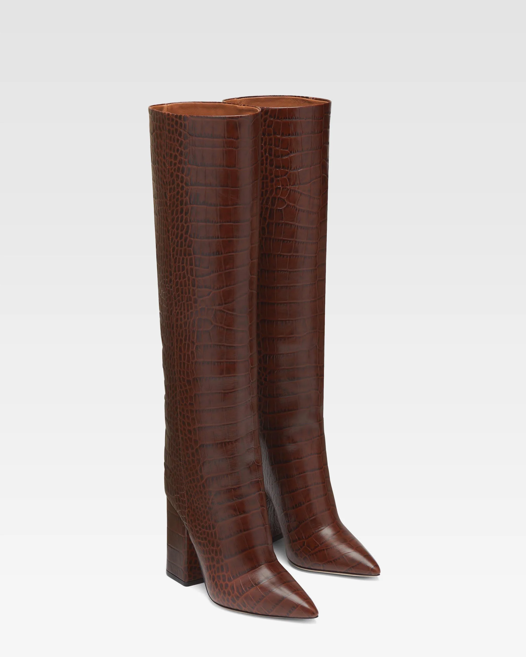 Chocolate brown croc-effect leather boots