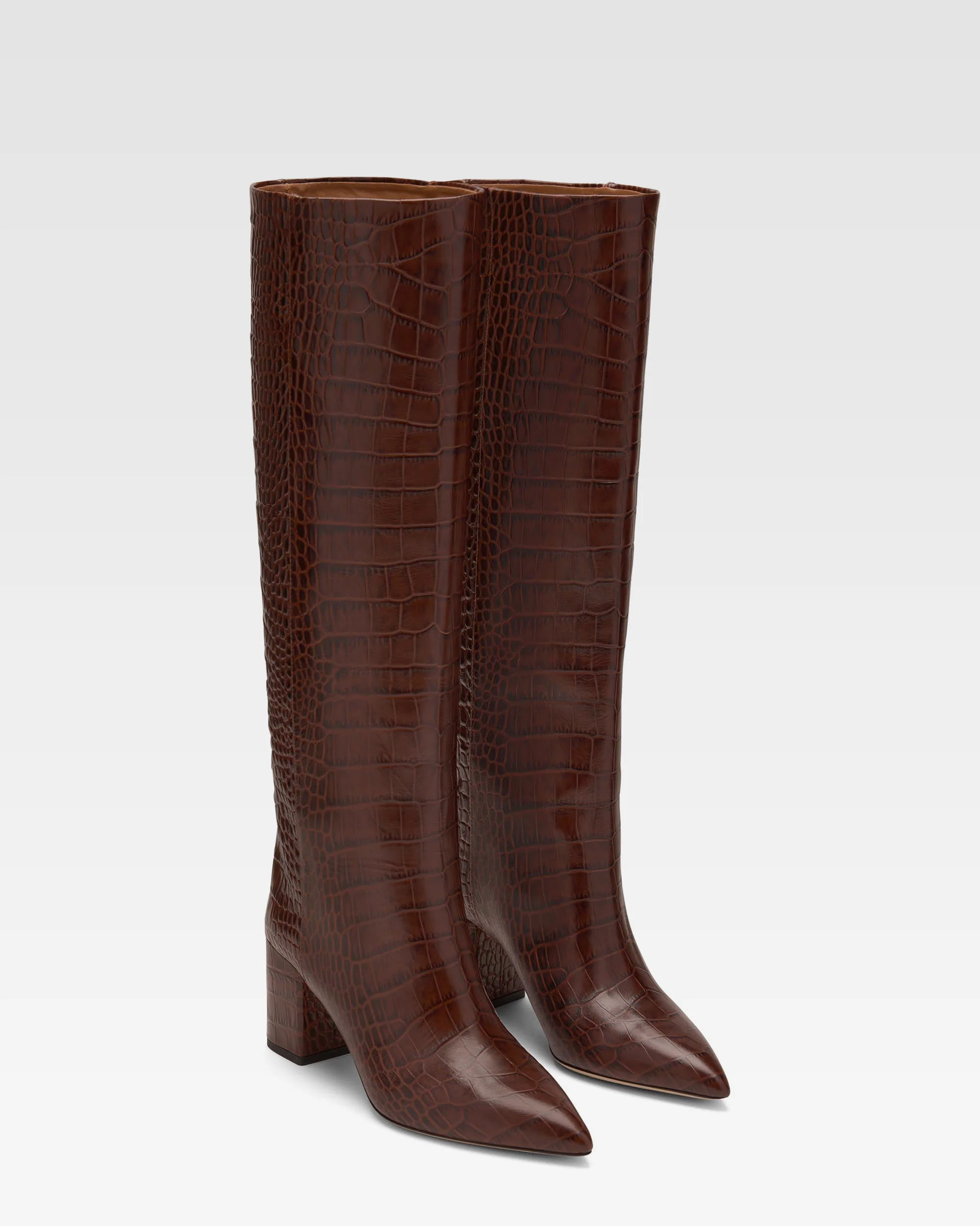Chocolate brown croc-effect leather heel 70 boots