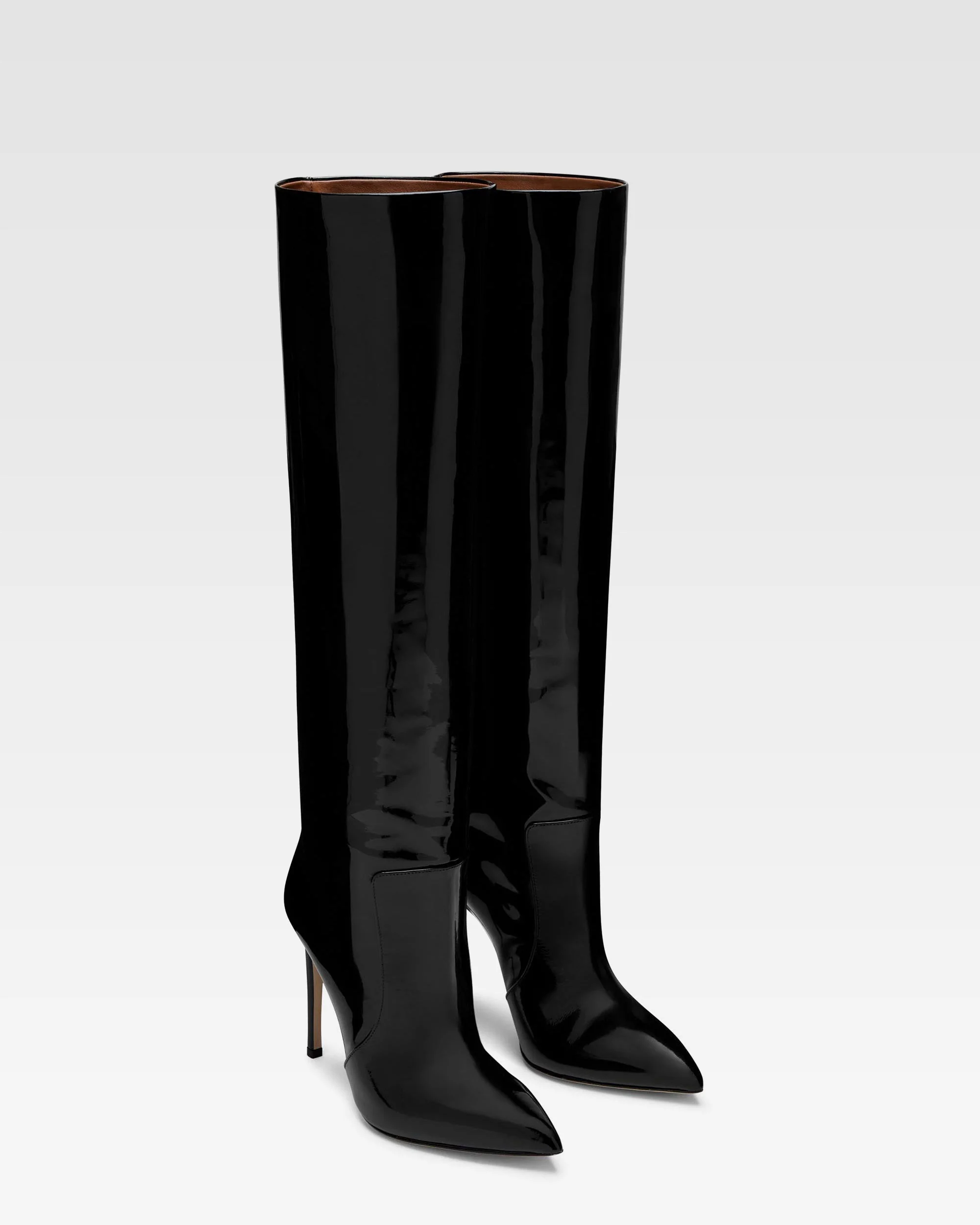 Black patent stiletto boots