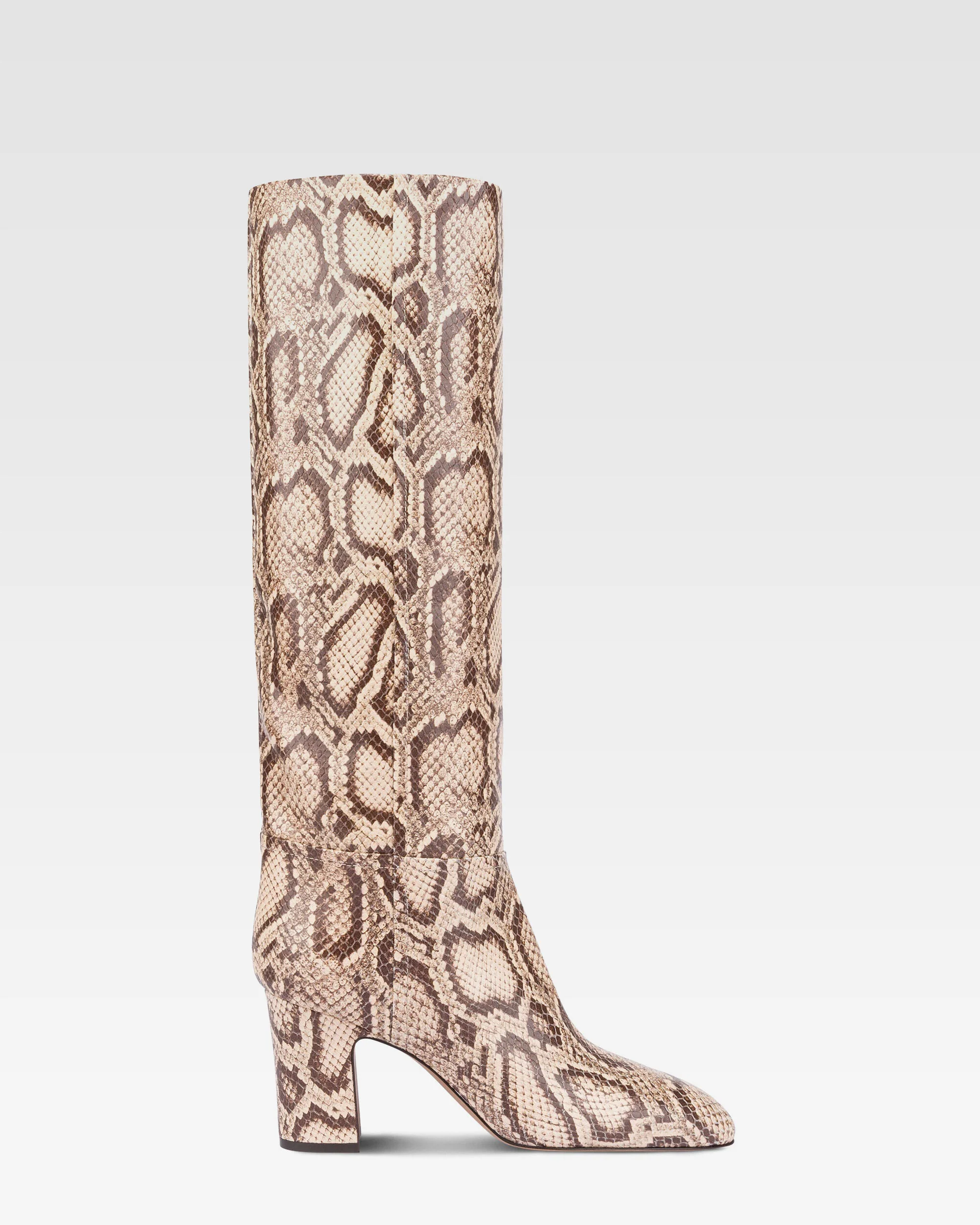 Boots in white and dark brown python printed leather