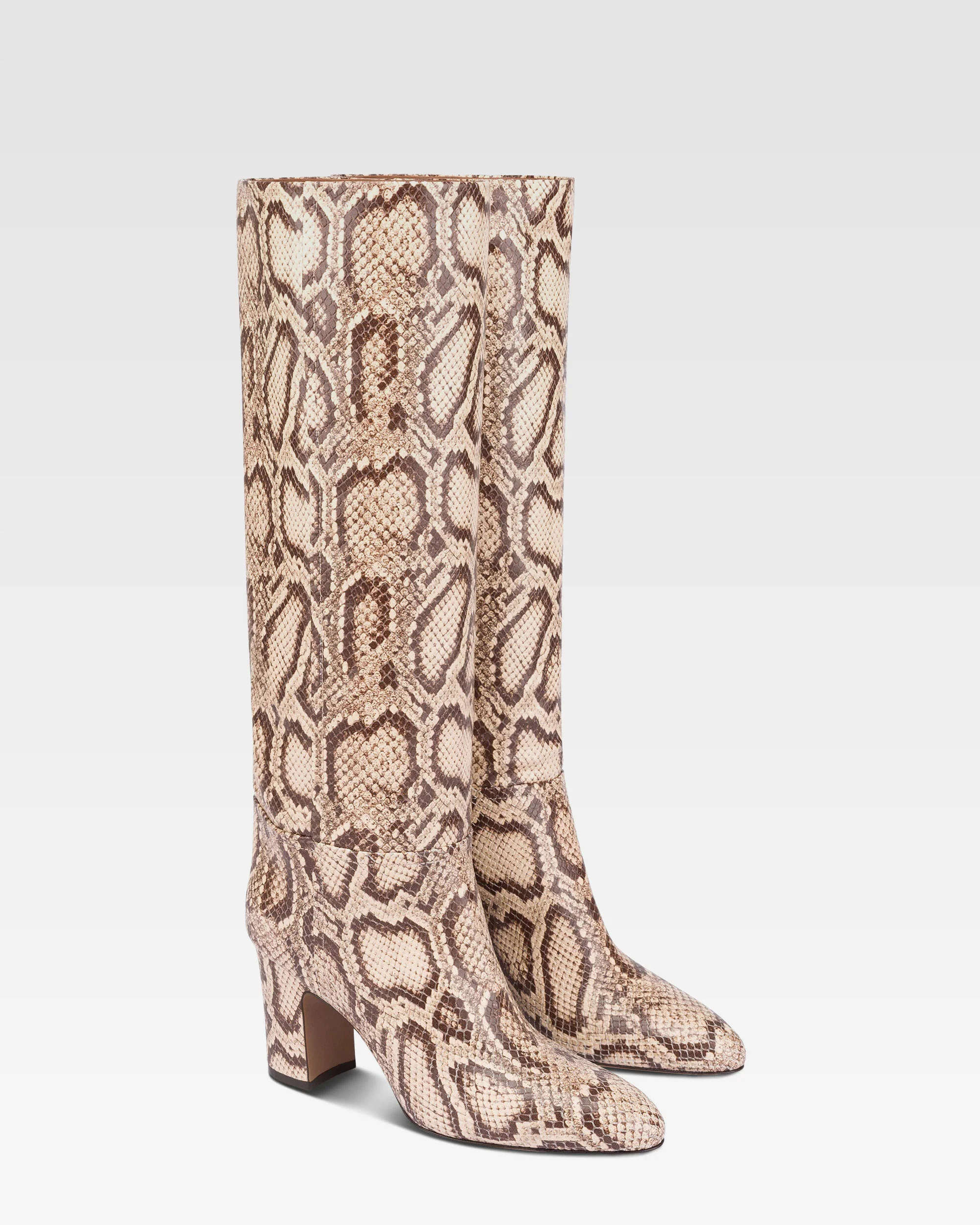 Boots in white and dark brown python printed leather