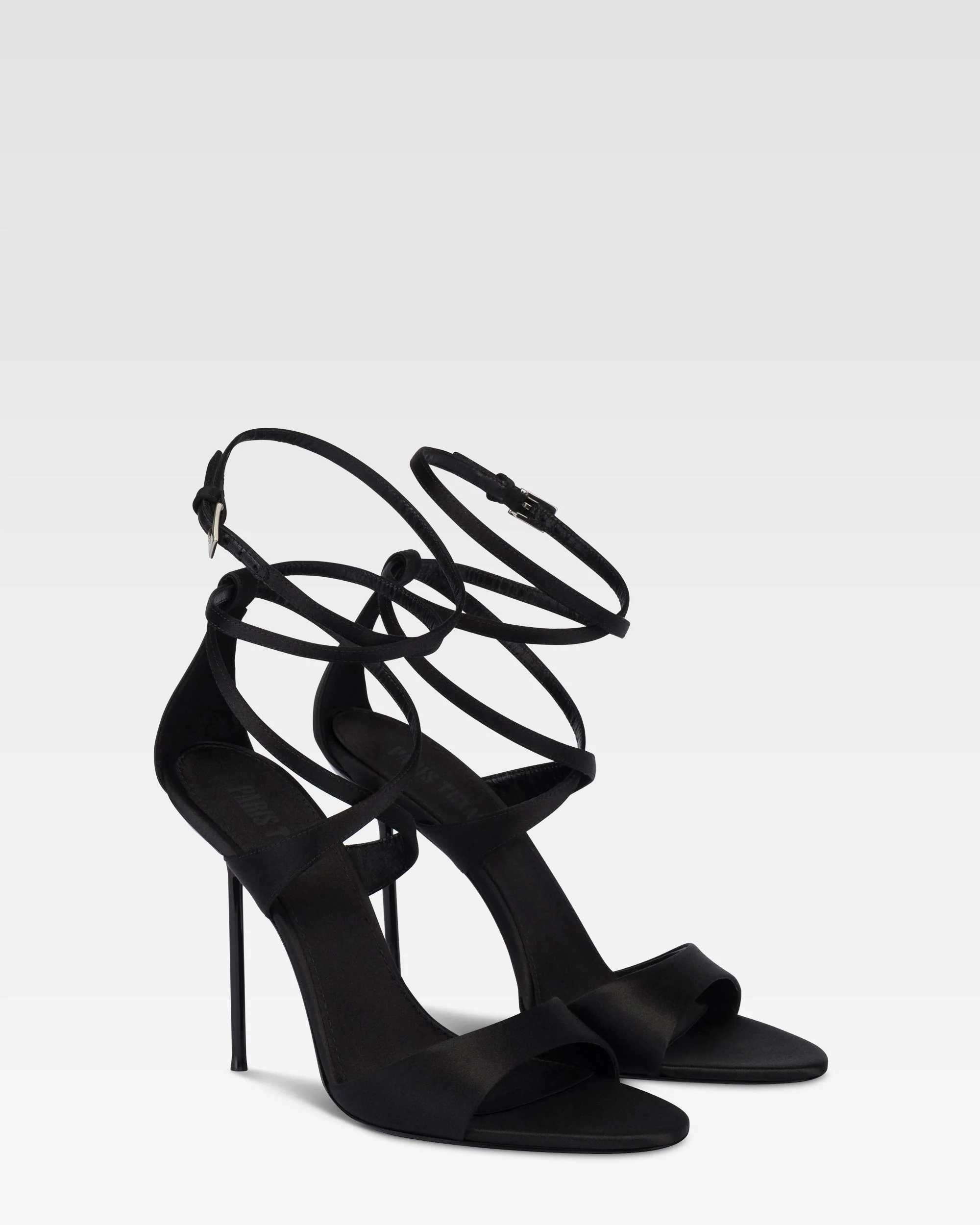 Ankle-strap sandals in black satin