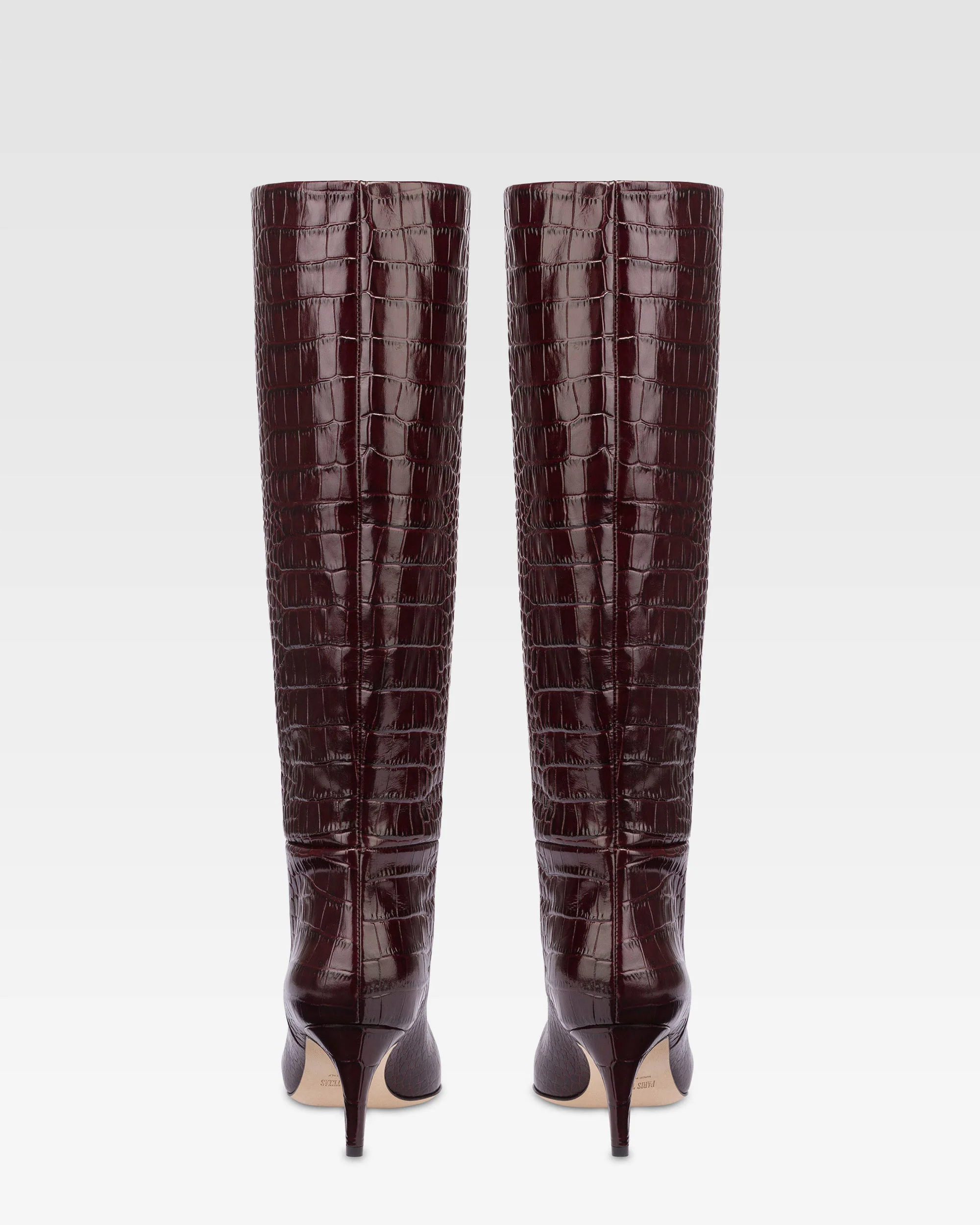 Pointed knee-high boots in rouge noir soft croco-embossed leather